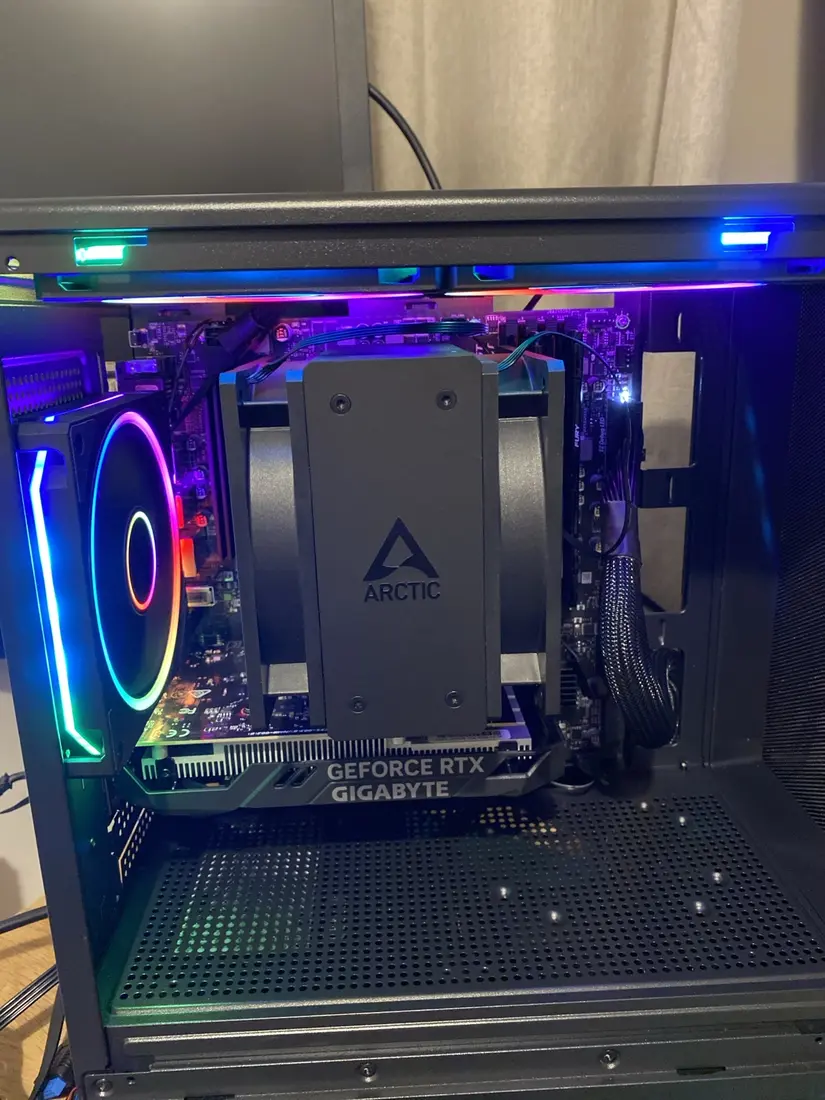 Finished gaming PC with its internal components lit and tested